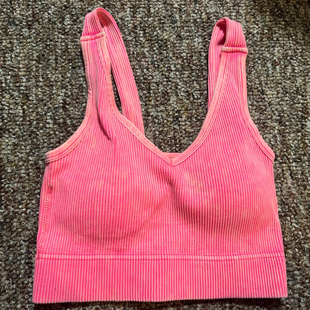 Zenana Stone Washed Ribbed Padded V-Neck Soft Pink Bralette